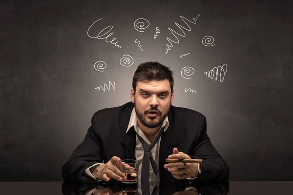 Drunk man at his office with doodle concept — Stock Photo, Image