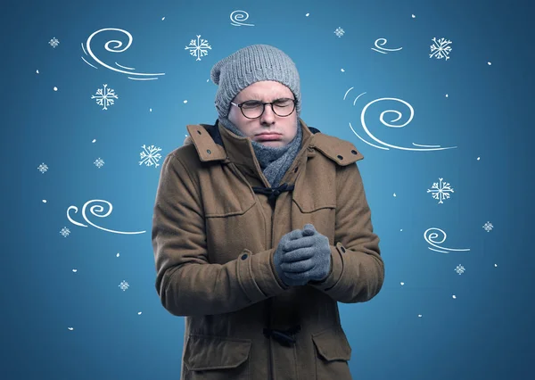 Frozen boy with doodled snowflake and windy concept — Stock Photo, Image