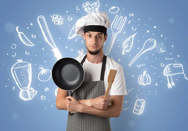 Giovane cuoco con gesso disegnato concetto ricetta minestra — Foto Stock