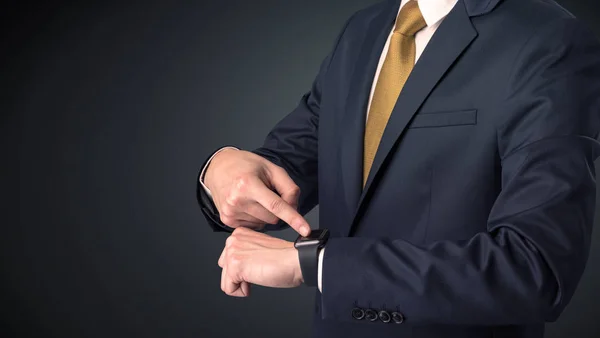 Man Wearing Suit Smartwatch His Wrist Royalty Free Stock Photos