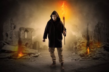 Flambeau bir felaket sahne kavramı yanan ile gelen adam