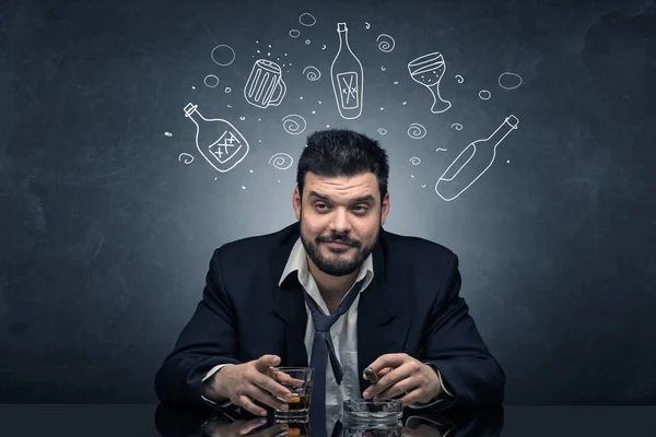 Drunk man with doodle alcohol bottles concept — Stock Photo, Image