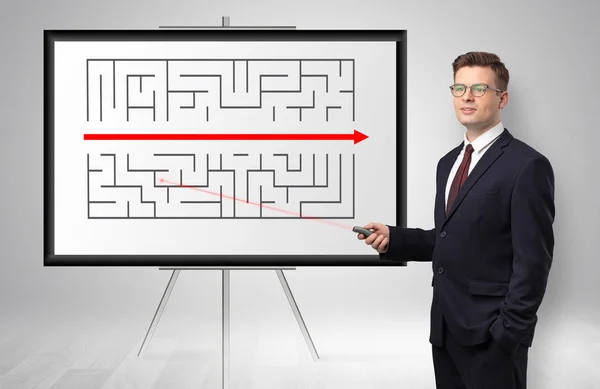 Affärsman presentera potentiella utträde ur en labyrint — Stockfoto