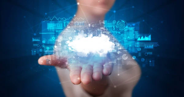 Holding cloud system hologram screen — Stock Photo, Image