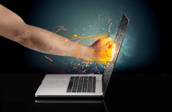 Arm Hitting Strongly Laptop Screen Which Breaks Little Pieces — Stock Photo, Image