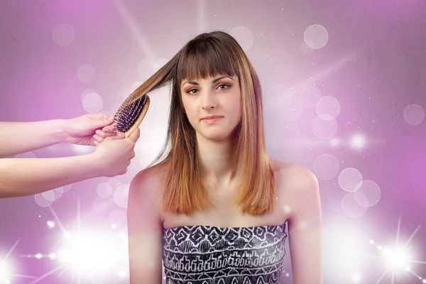 Young woman portrait with shiny pink salon concept — Stock Photo, Image