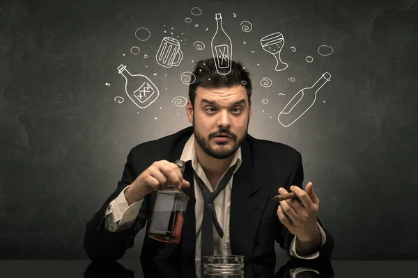 Drunk man with doodle alcohol bottles concept — Stock Photo, Image