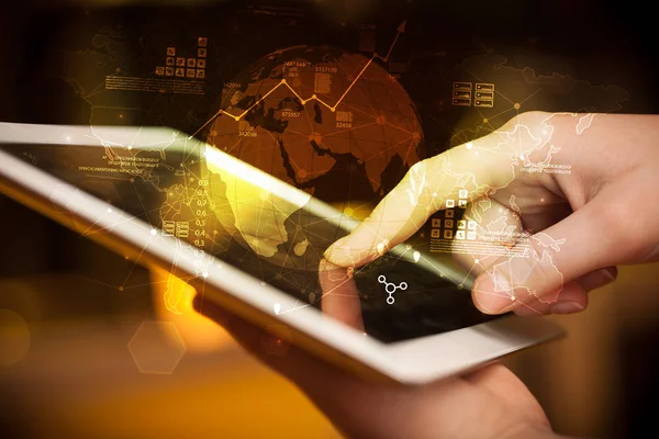 Hand touching tablet with global estate report concept — Stock Photo, Image