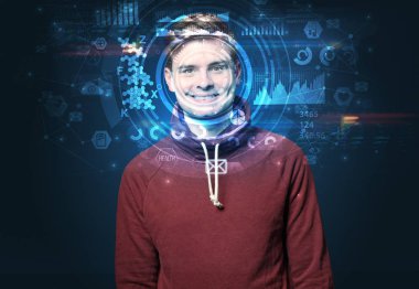 Koyu arka plan, yüz tanıma kavramı üzerinde genç adam