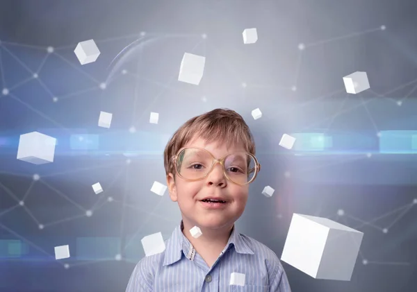 Cute kid with luminous cubes around — Stock Photo, Image