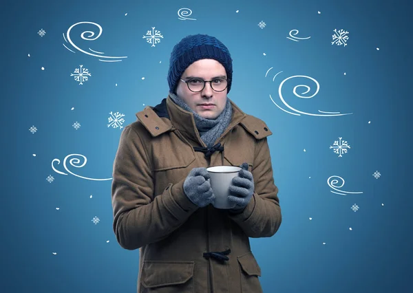 Fagyasztott fiú doodled hópehely és szeles koncepció — Stock Fotó