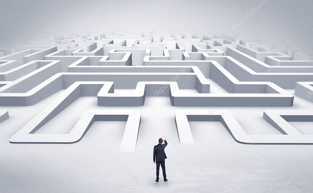 Businessman starting a flat 3d labyrinth