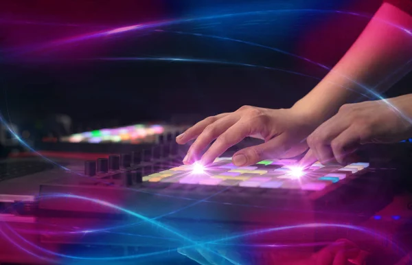 Hand mixing music on dj controller with wave vibe concept — Stock Photo, Image
