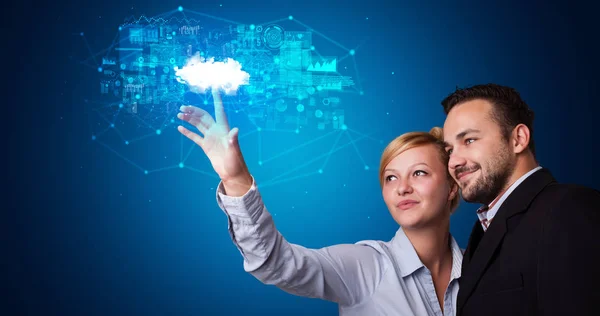 Mann und Frau berühren Hologramm des Wolkensystems — Stockfoto