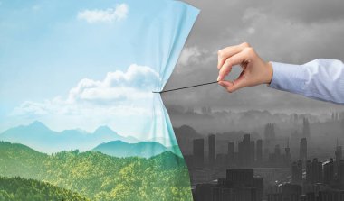 Doğa cityscape perde için gri cityscape çekerek el