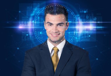 Yüz tanıma sistemi. Mavi arka plan üzerinde genç adam