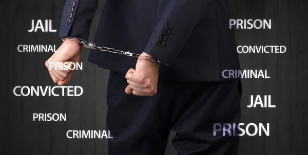 Close convicted with labels and handcuffs — Stock Photo, Image