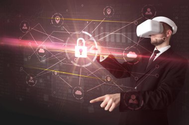 Adam ile 3d ağ kavramı kilidini Vr koruyucu gözlük