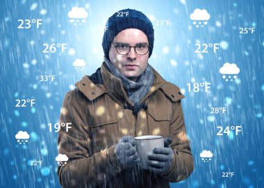 Hava durumu konsepti ile sıcak giysiler içinde buz gibi çocuk