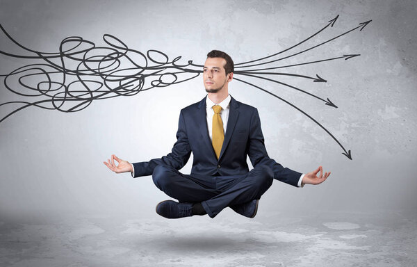 Бизнесмен медитирует с чистой концепцией каракулей
