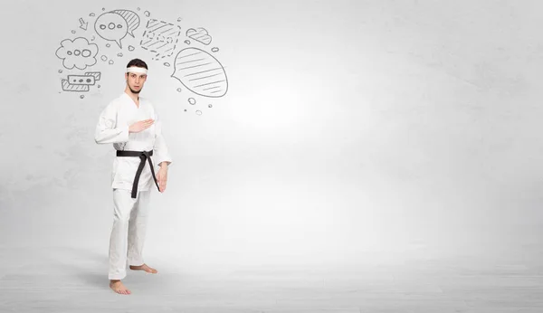 Karate trainer lotta con il concetto di simboli scarabocchiati — Foto Stock