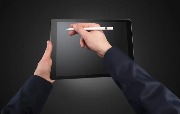 Hand using tablet with copy space — Stock Photo, Image