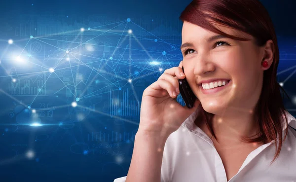 Prata i telefon med nätverkskoncept — Stockfoto