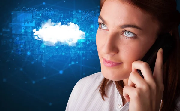 Person talking on the phone with cloud technology concept — Stock Photo, Image