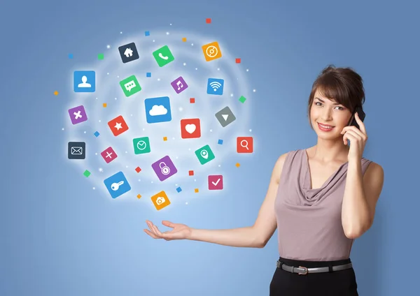 Person presenting new application icons and symbols — Stock Photo, Image