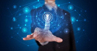 Hologram güvenlik sembolü dokunmadan adam