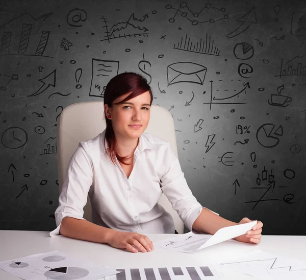 Secretaresse met doodle multitask concept — Stockfoto