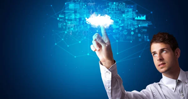 Man touching cloud system hologram — Stock Photo, Image