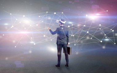 İşadamı vj gözlük ve bağlantı kavramı ile