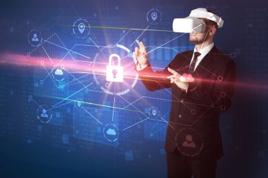 Adam ile 3d ağ kavramı kilidini Vr koruyucu gözlük