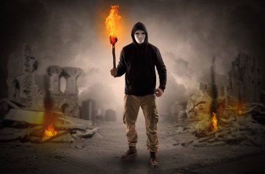 Flambeau bir felaket sahne kavramı yanan ile gelen adam