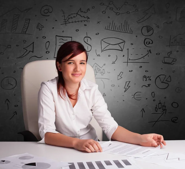 Secretaresse met doodle multitask concept — Stockfoto