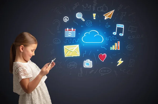 Girl holding tablet with applications concept — Stock Photo, Image