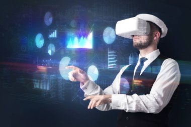 VR giyen adam grafikleri ve raporları ile koruyucu gözlük