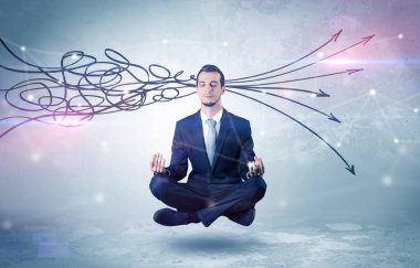 Businessman meditates with purifying doodle concept clipart