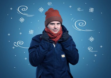 Frozen boy with doodled snowflake and windy concept clipart