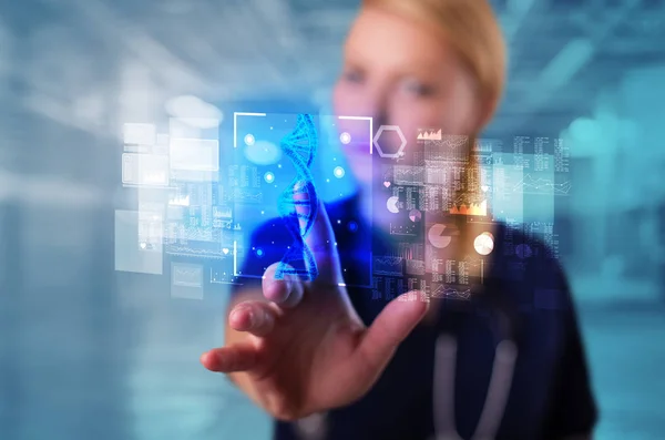 Doctor touching screen with biology and genetic concept — Stock Photo, Image