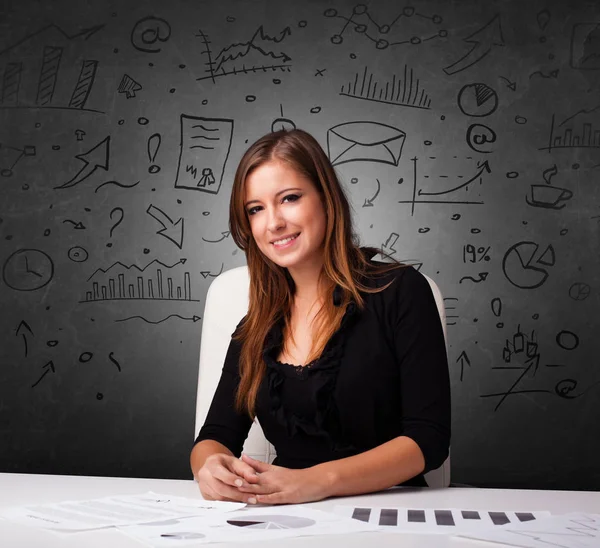 Secretaresse met doodle multitask concept — Stockfoto