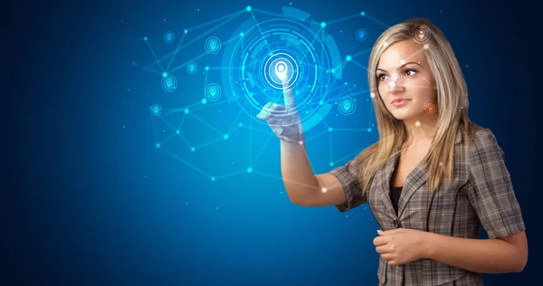 Vrouw aanraken hologram veiligheid symbool — Stockfoto