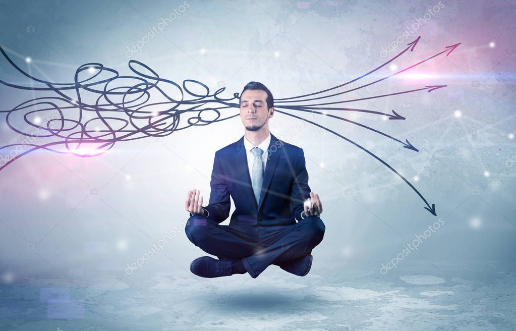 Businessman meditates with purifying doodle concept