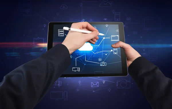 Första person vy av tablett med cloud office konceptet — Stockfoto