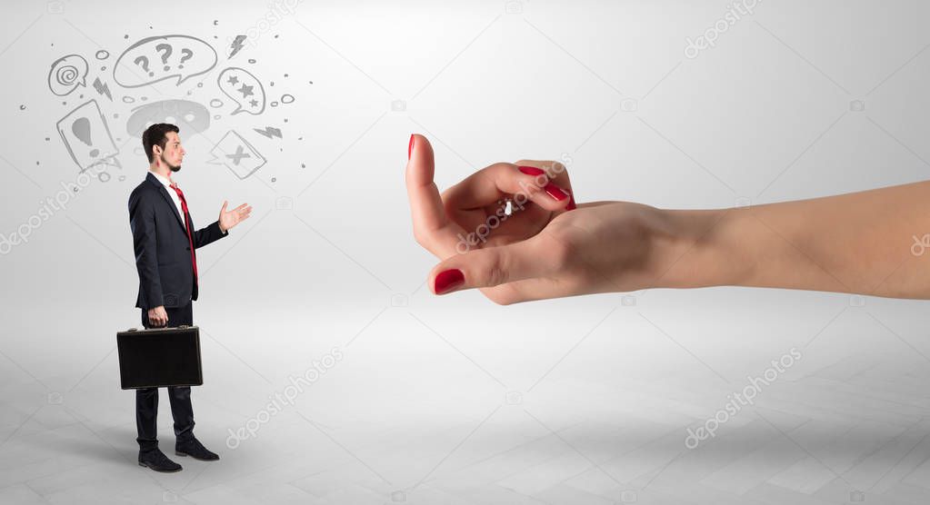 Kissed businessman with baiting hand concept