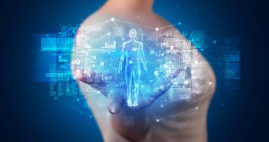 Hologram Projeksiyon sağlık konsepti ile tutan genç kişi