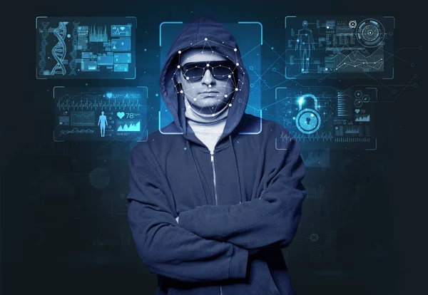 Biometrische Verifizierung - Gesichtserkennung für junge Männer — Stockbild Junger Mann erkennt Gesicht — Stockfoto