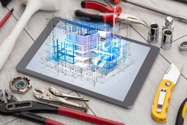 Tablet ve araçları 3d ev planı kavramı ile