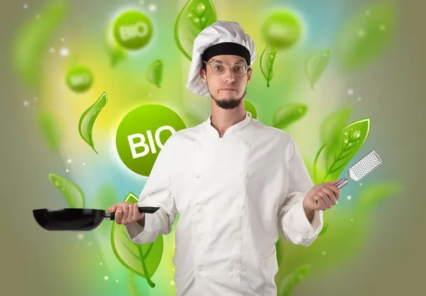 Bio bladeren concept en cook portret — Stockfoto
